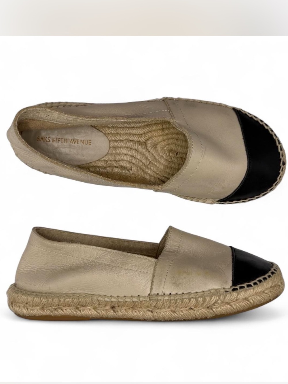 Saks Fifth Avenue white leather slip-on espadrilles
